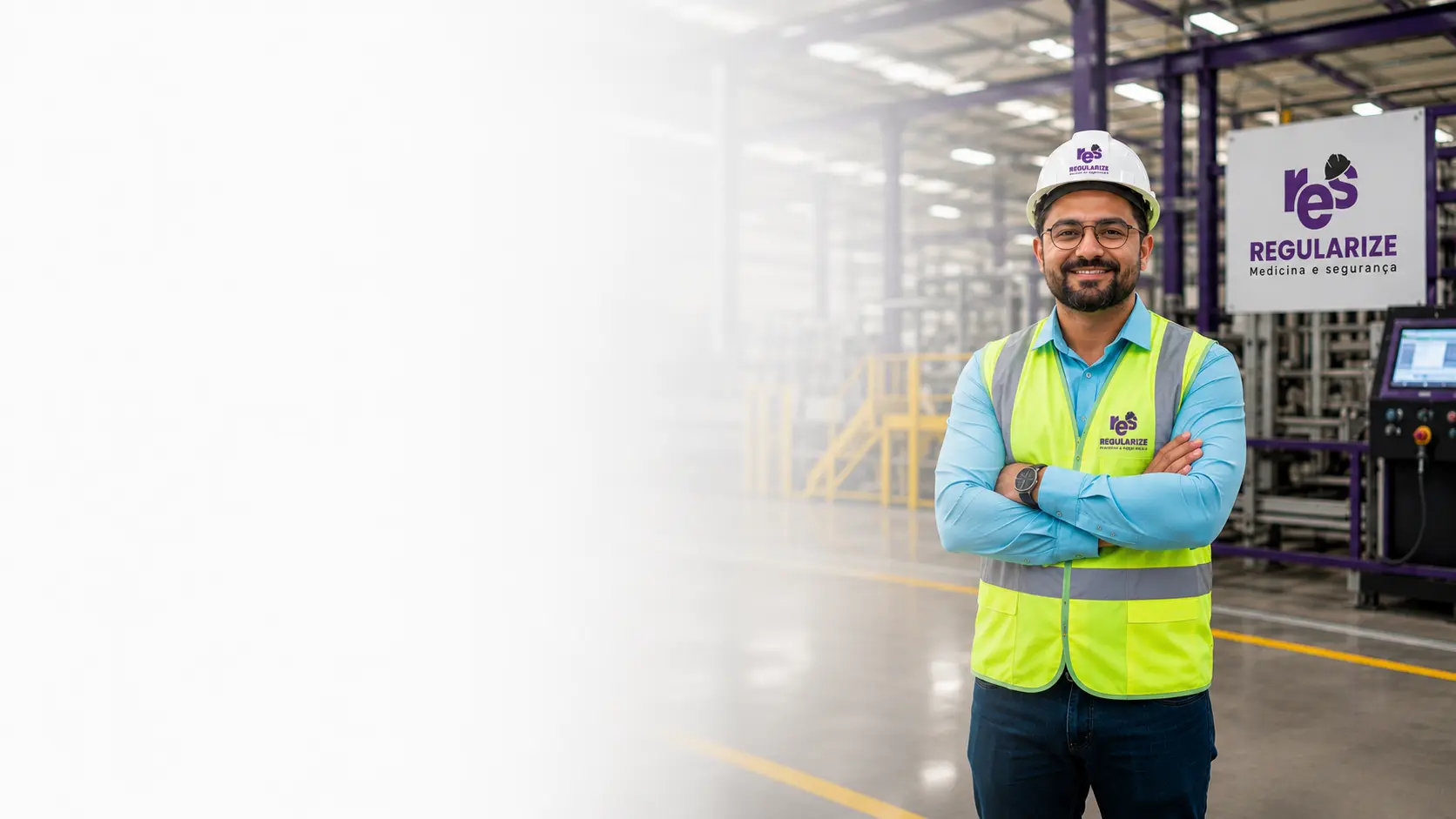 Colaborador com capacete e colete de segurança em ambiente industrial